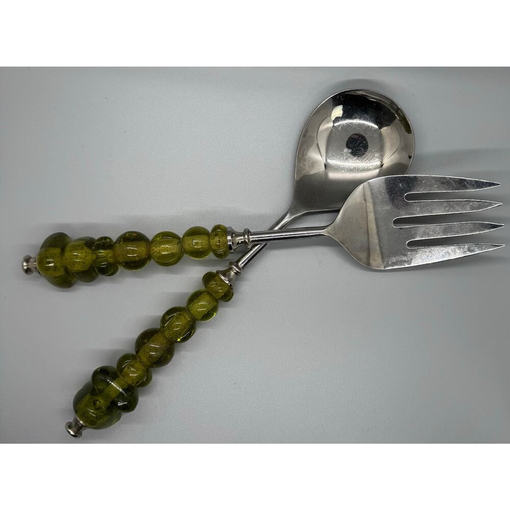 Serving Spoon And Fork Green Amber Color Glass Beaded Handle Set Of 2 Polished - Picture 6 of 7